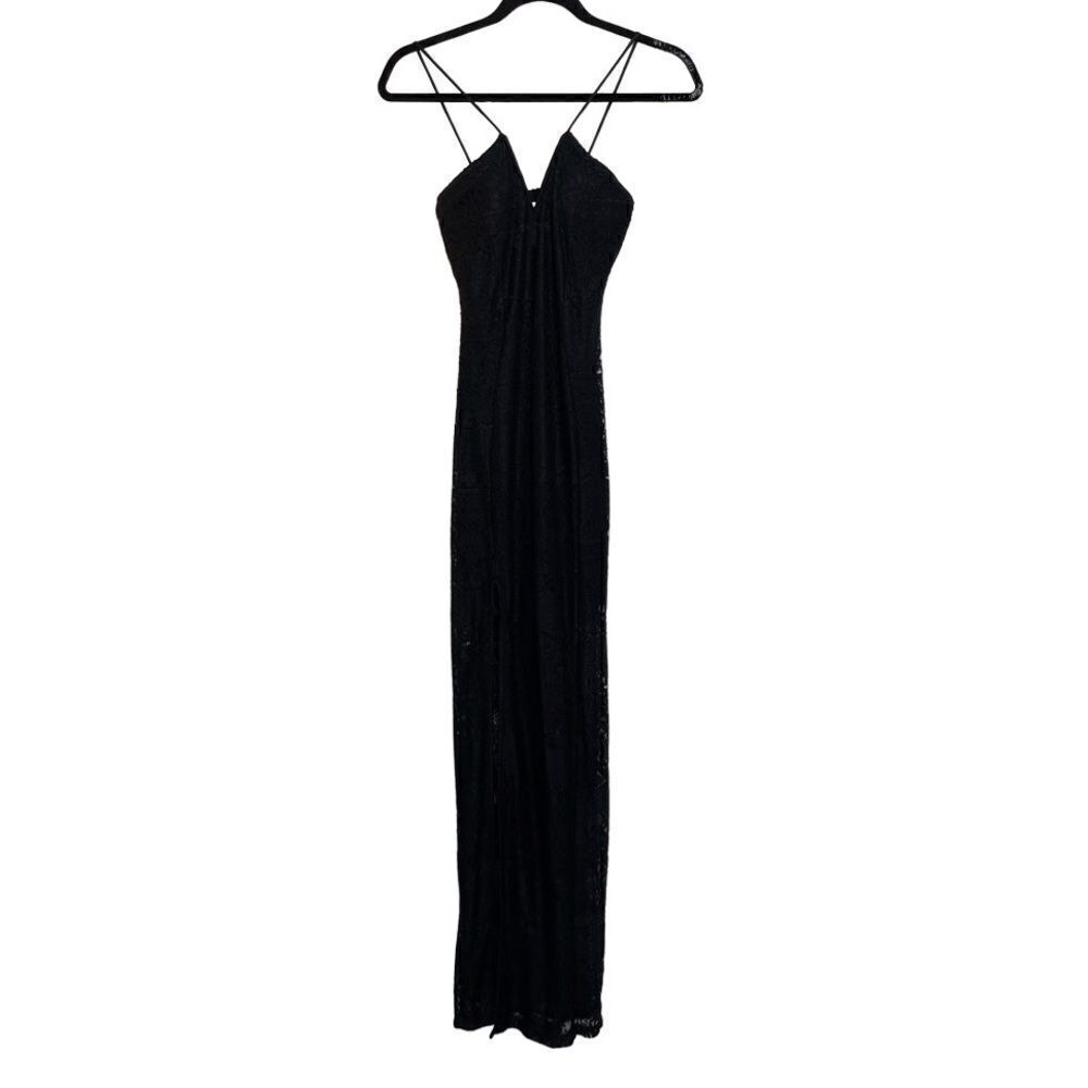 ANGL V Neck Lace Overlay Maxi Dress Black Size Small